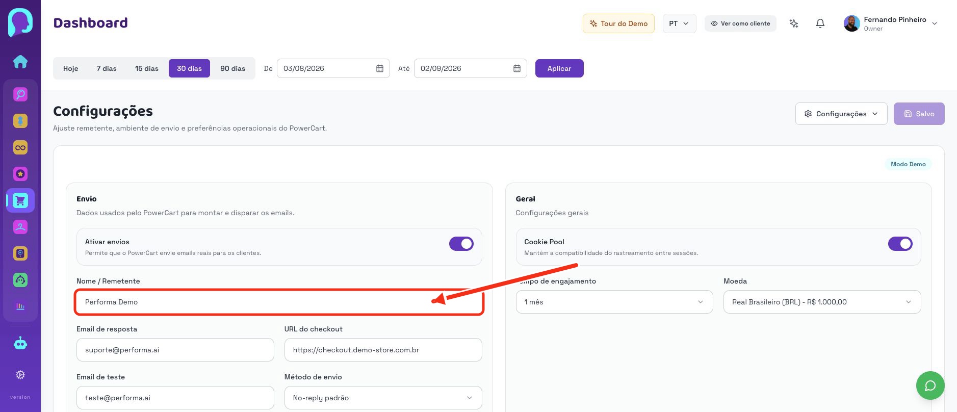 Configurações atuais do PowerCart com campos de remetente e email de resposta