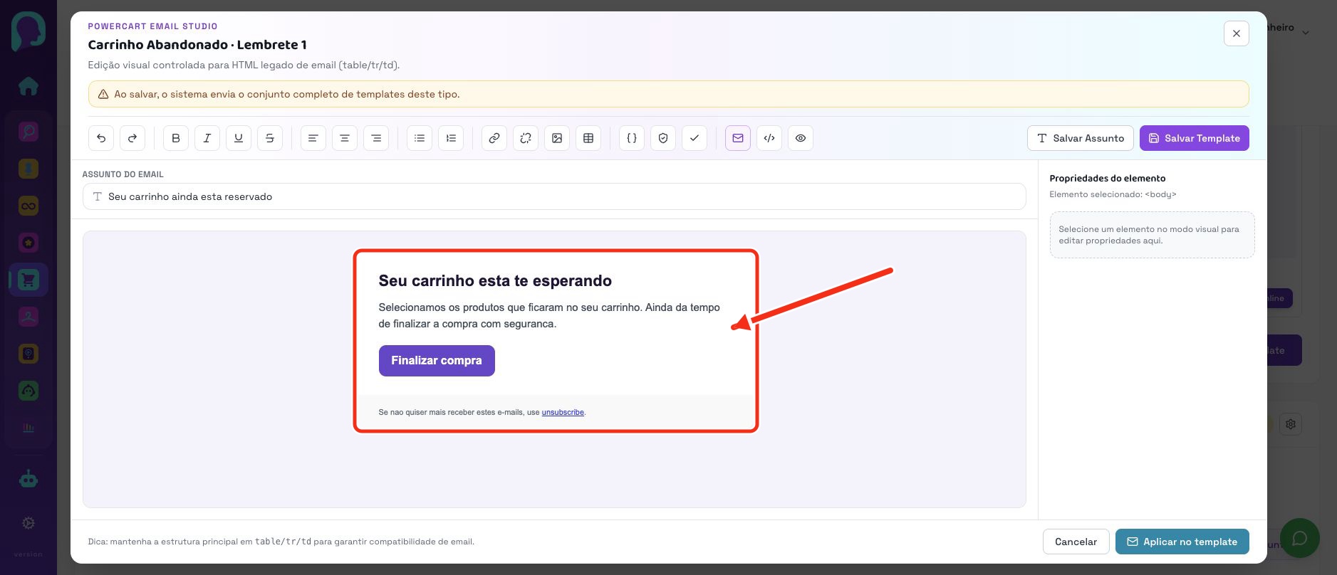Editor visual atual do PowerCart aberto sobre o conteúdo do email