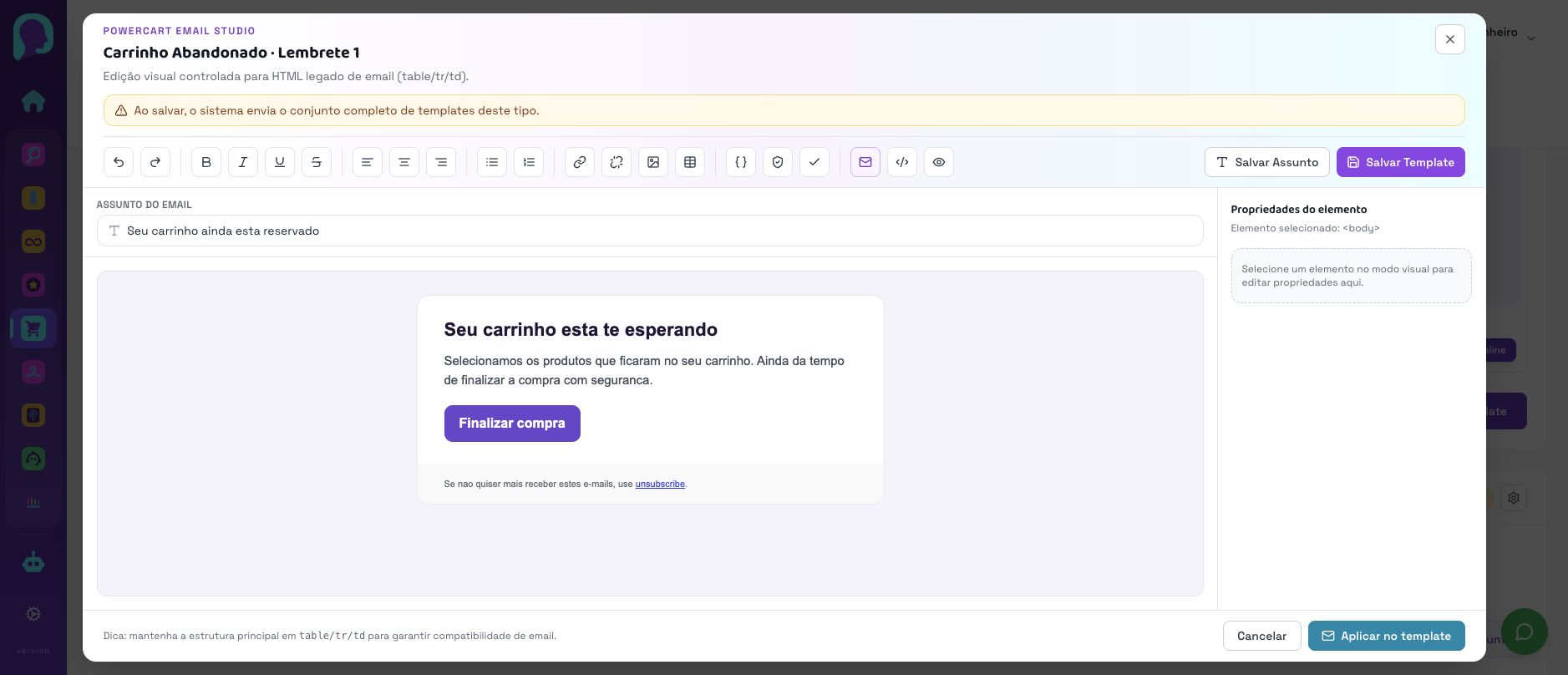 Editor visual atual de email do PowerCart