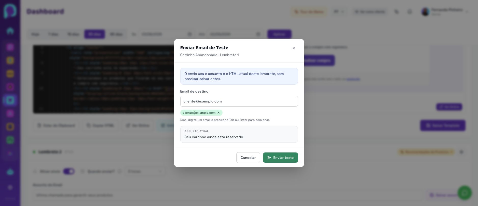 Janela atual de envio de email de teste do PowerCart