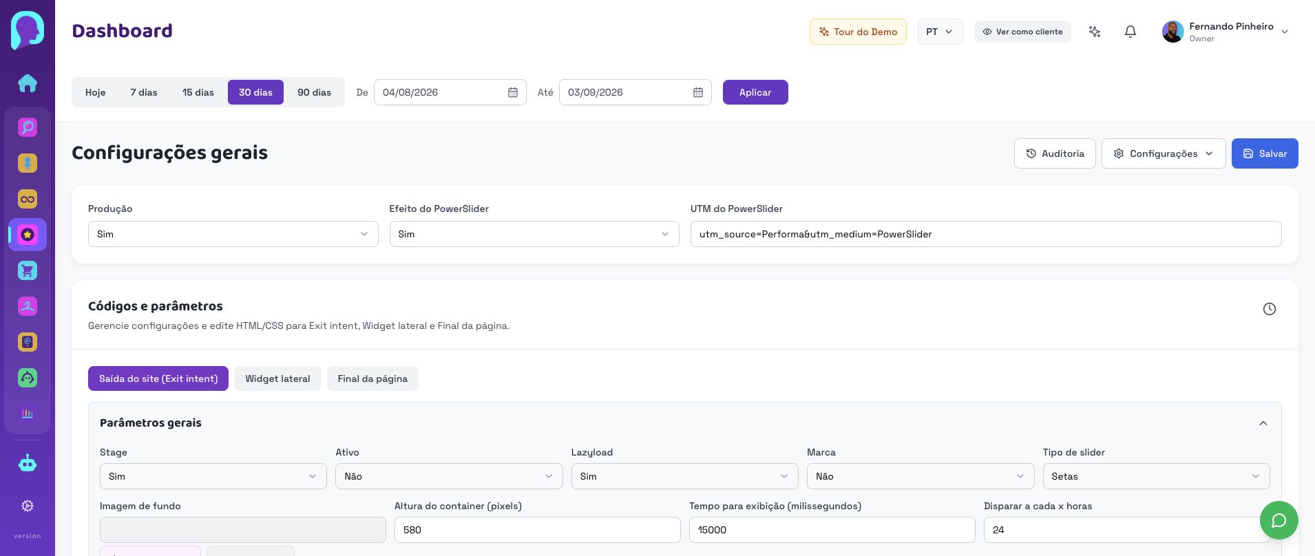 Configurações atuais do PowerSlider