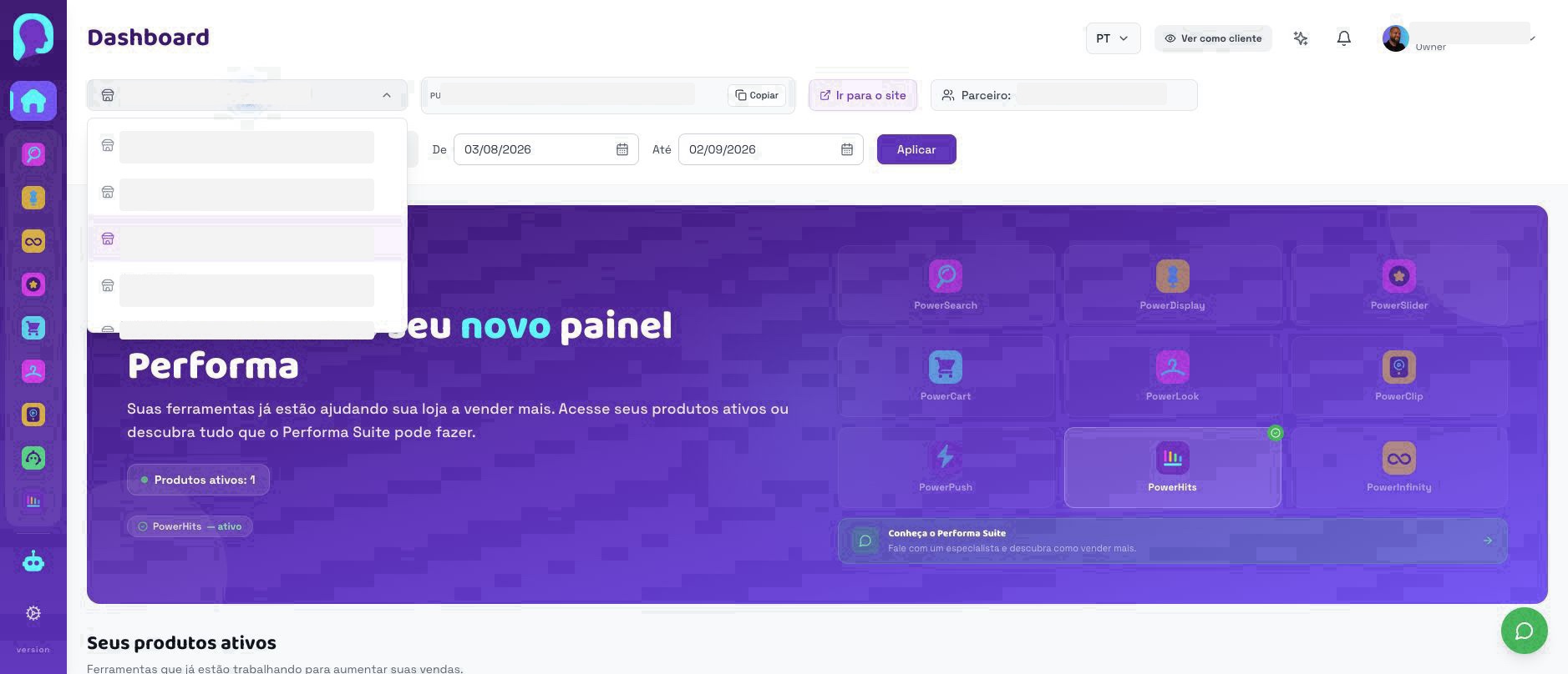 Seletor atual de lojas aberto no topo do Dashboard, com dados sensíveis ocultados
